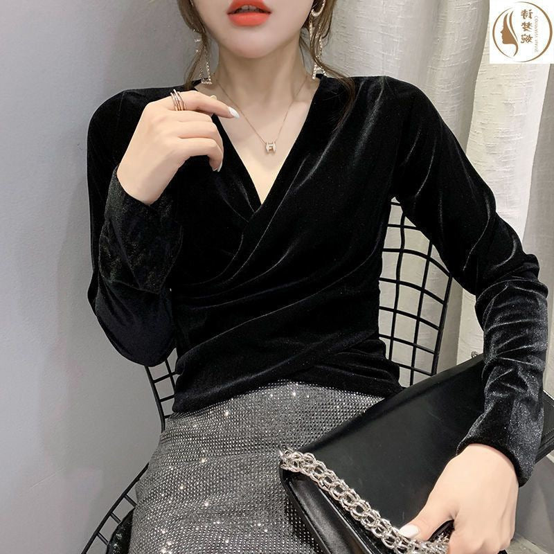 Velvet Long Sleeve Top for Women - Black Plush Shirt