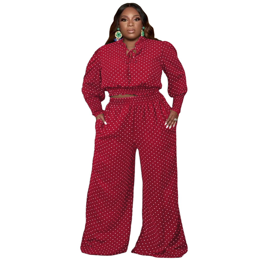 Polka Dot Tie Up Wide Leg Pants Two-Piece Set
