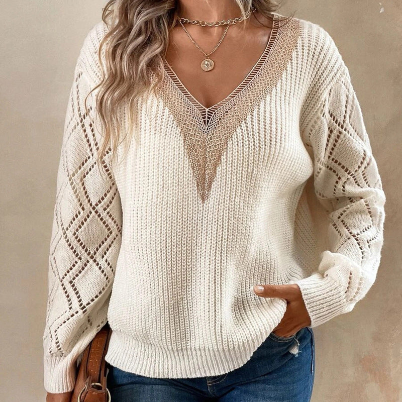 V-neck Loose Casual Pullover Sweater for Women