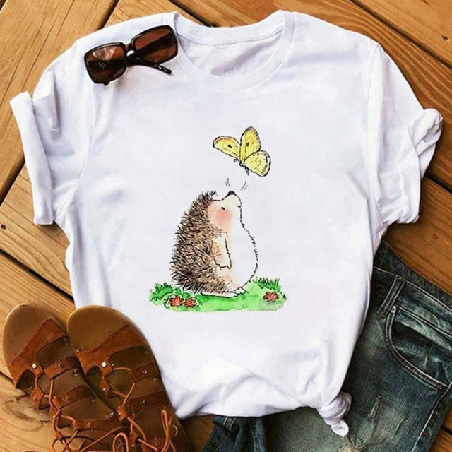 Maycaur Women's Cute Hedgehog Dandelion Print T-Shirt