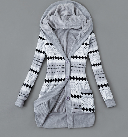 Thick Printed Hooded Knitted Cardigan Jacket