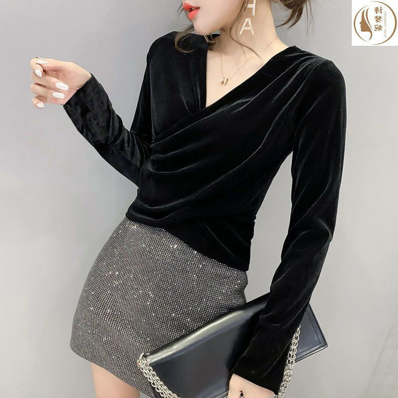 Velvet Long Sleeve Top for Women - Black Plush Shirt