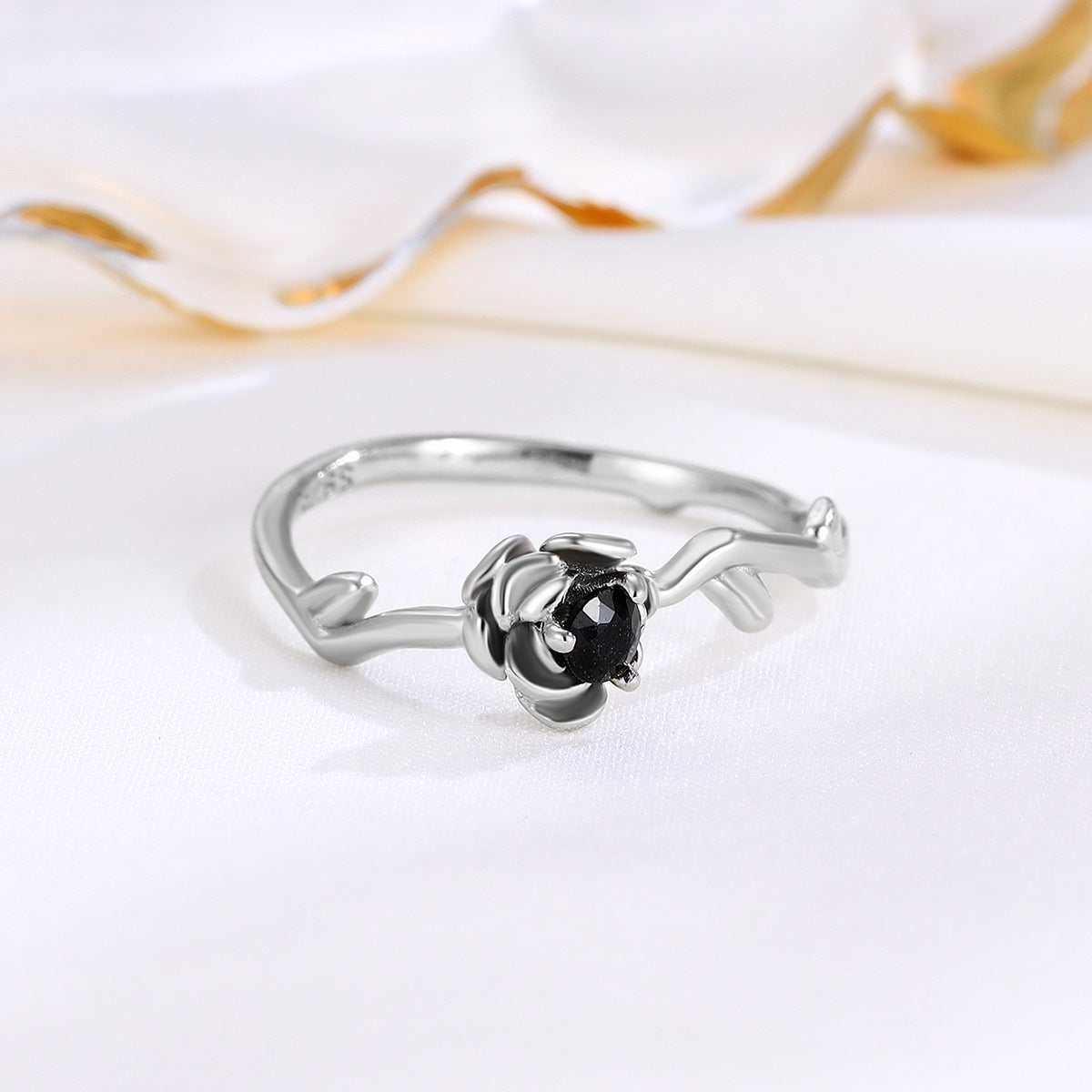 925 Silver Black Diamond Rose Flower Open Ring