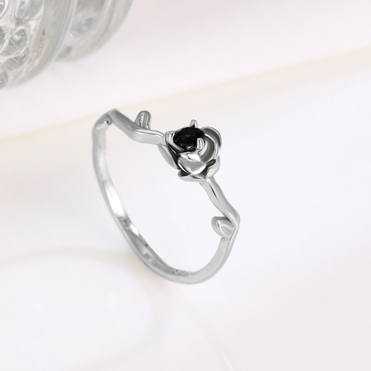 925 Silver Black Diamond Rose Flower Open Ring