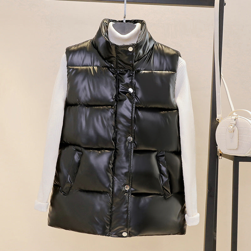 Women's Shiny Down Cotton Vest with Stand Collar
