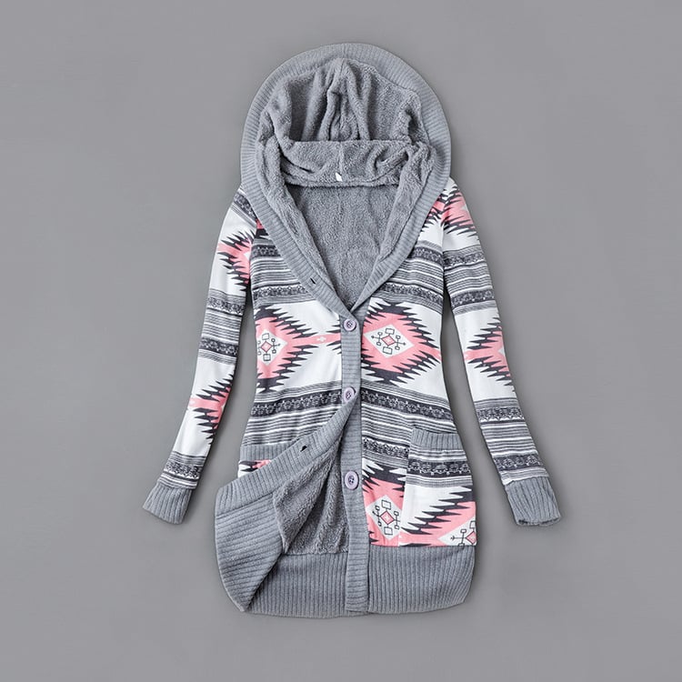 Thick Printed Hooded Knitted Cardigan Jacket