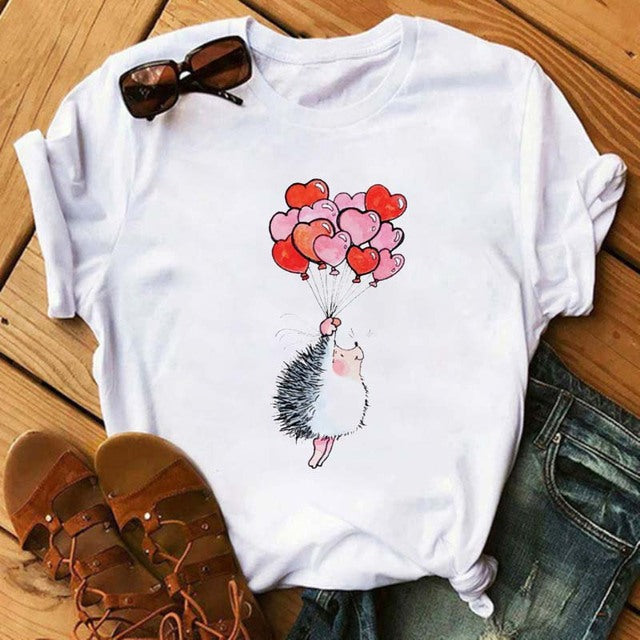 Maycaur Women's Cute Hedgehog Dandelion Print T-Shirt