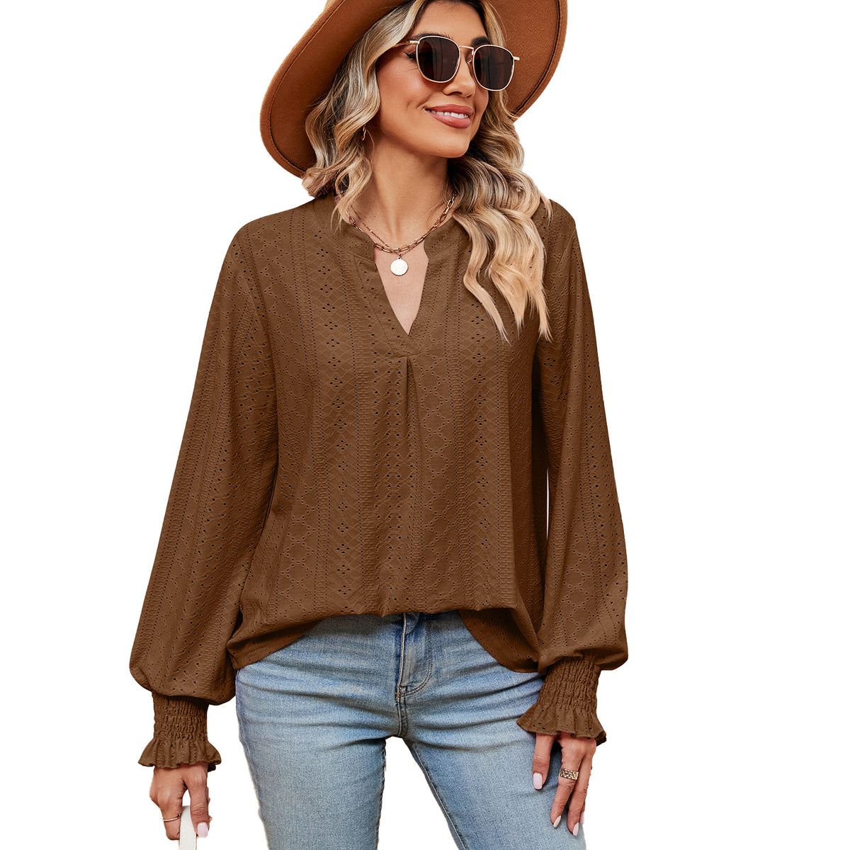 Women's Casual Loose V-Neck Long Sleeve T-Shirt