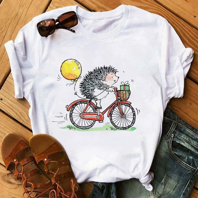 Maycaur Women's Cute Hedgehog Dandelion Print T-Shirt