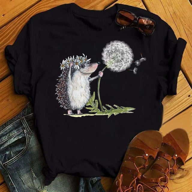 Maycaur Women's Cute Hedgehog Dandelion Print T-Shirt