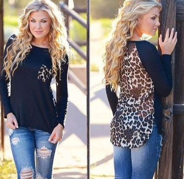 Leopard Print Chiffon Long Sleeve Pocket T-Shirt