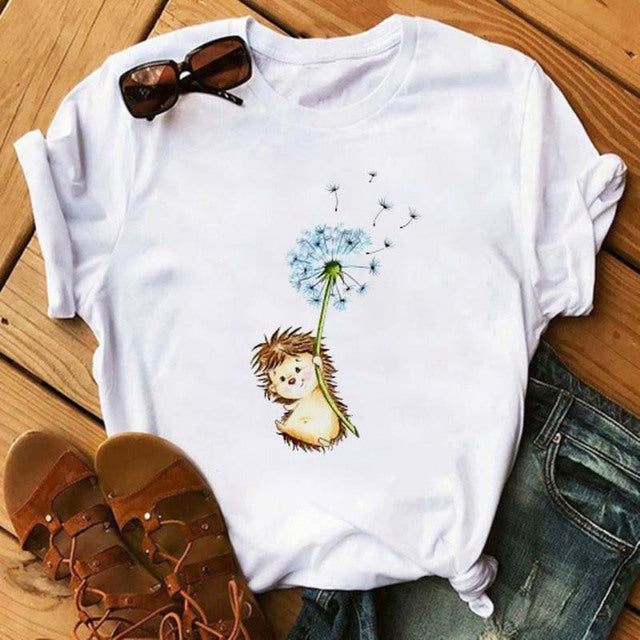 Maycaur Women's Cute Hedgehog Dandelion Print T-Shirt