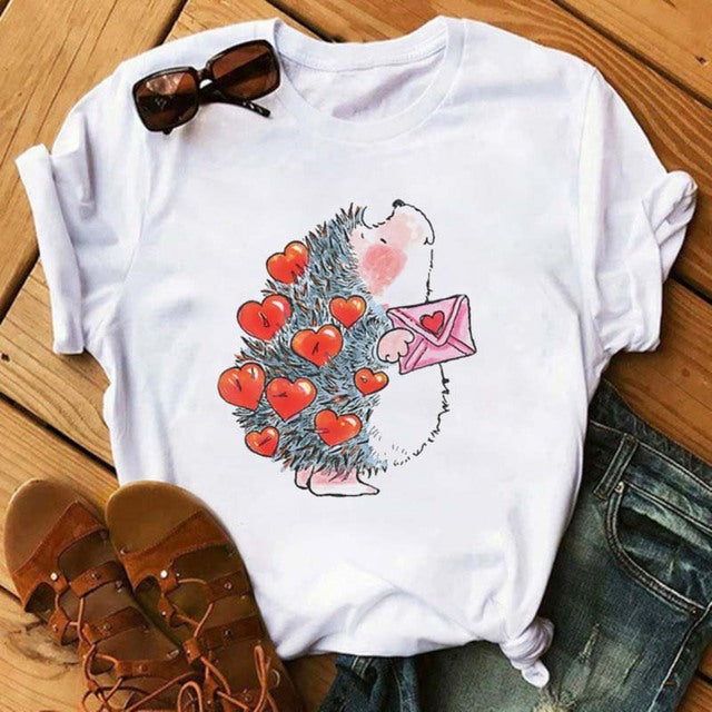 Maycaur Women's Cute Hedgehog Dandelion Print T-Shirt