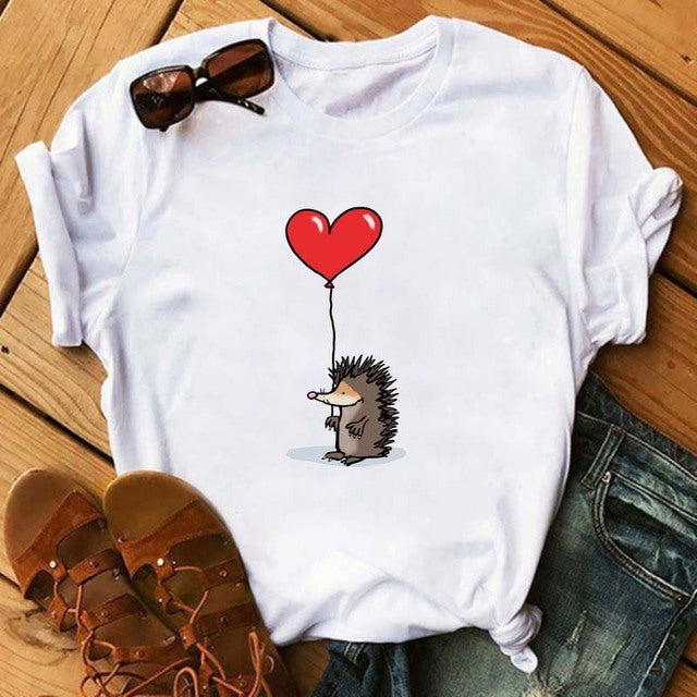 Maycaur Women's Cute Hedgehog Dandelion Print T-Shirt