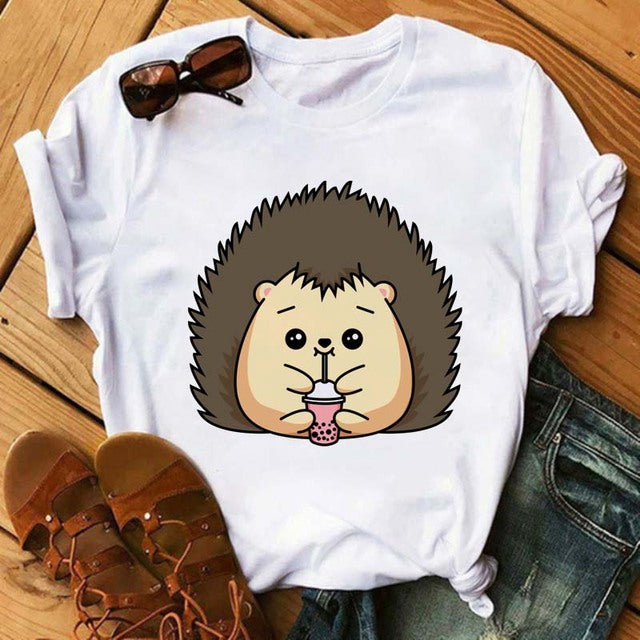 Maycaur Women's Cute Hedgehog Dandelion Print T-Shirt