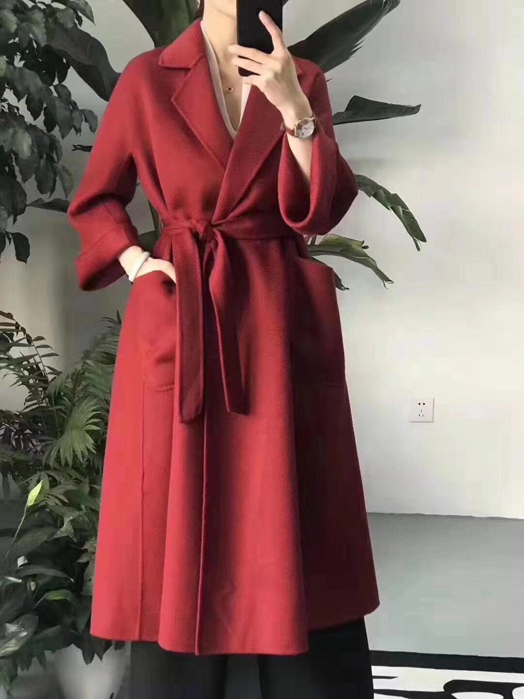 Women's Double-sided Wool Coat with Water Ripple Design