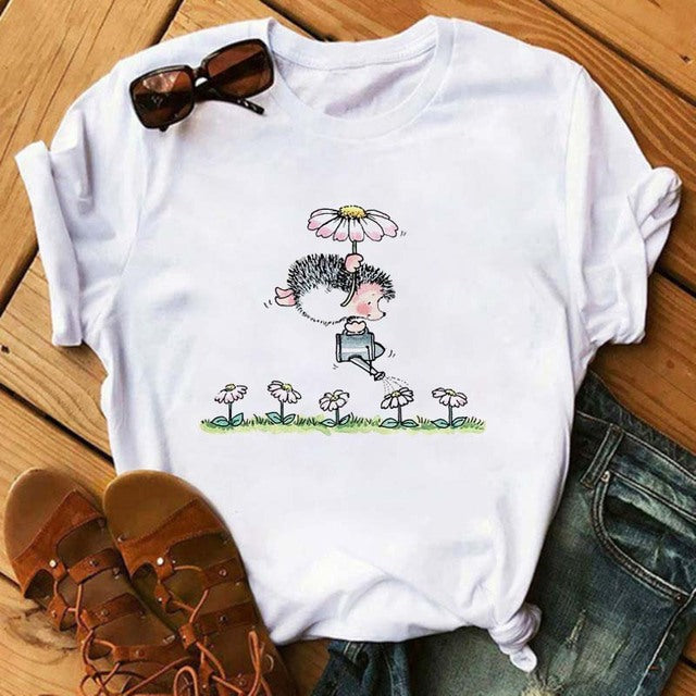 Maycaur Women's Cute Hedgehog Dandelion Print T-Shirt