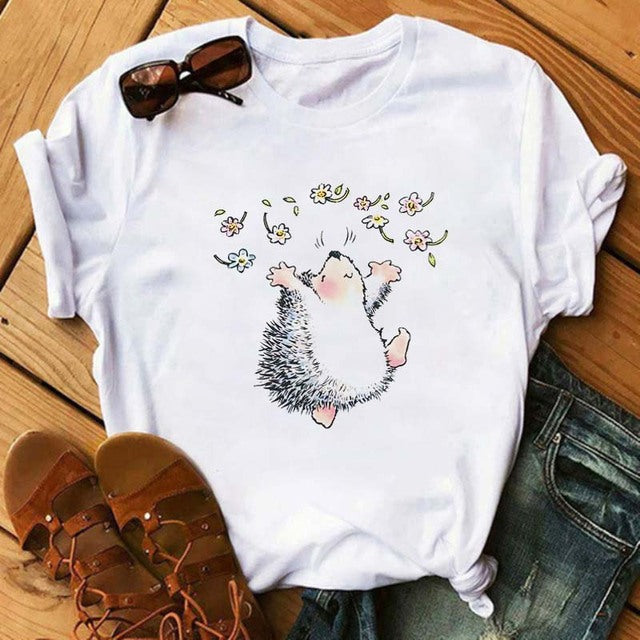 Maycaur Women's Cute Hedgehog Dandelion Print T-Shirt