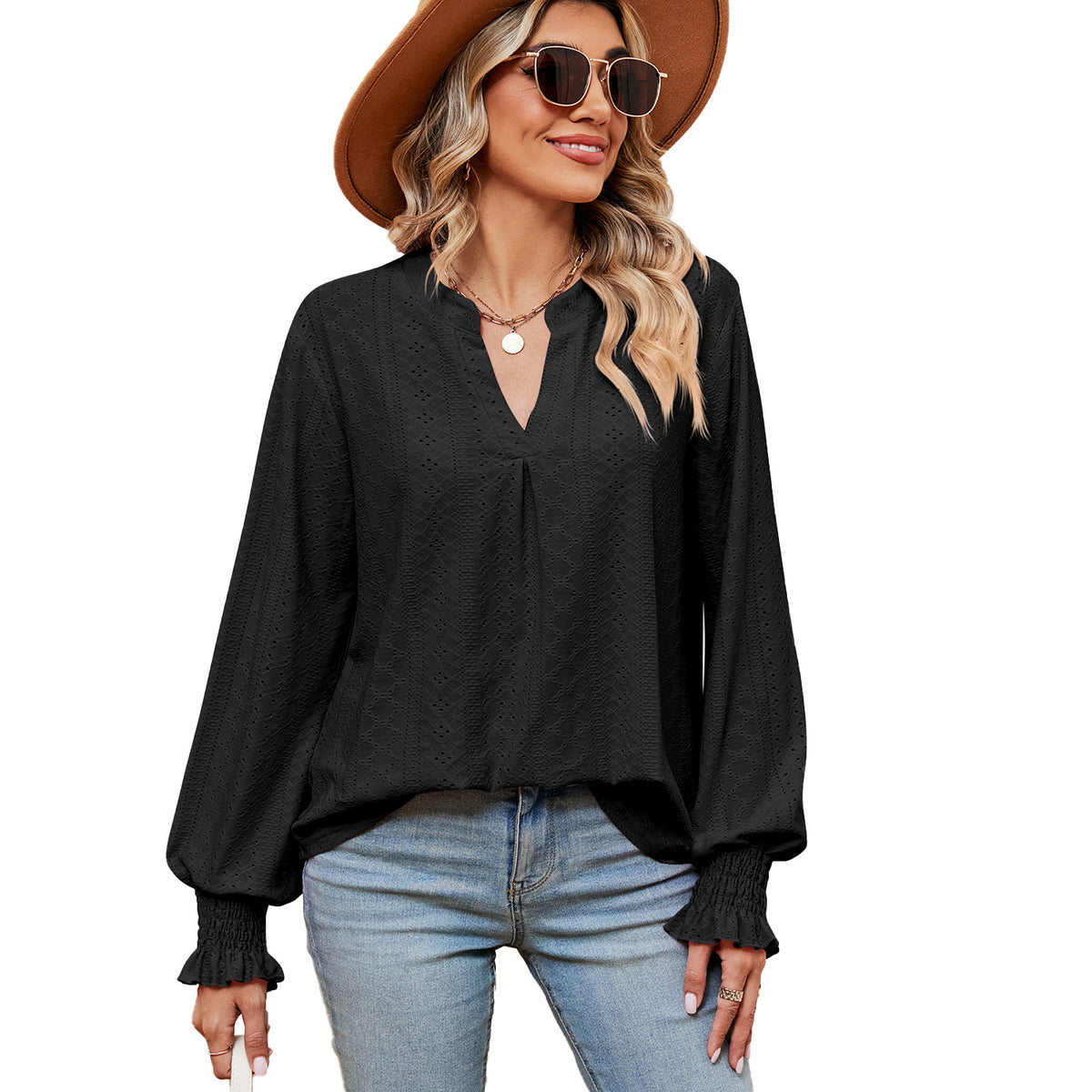 Women's Casual Loose V-Neck Long Sleeve T-Shirt