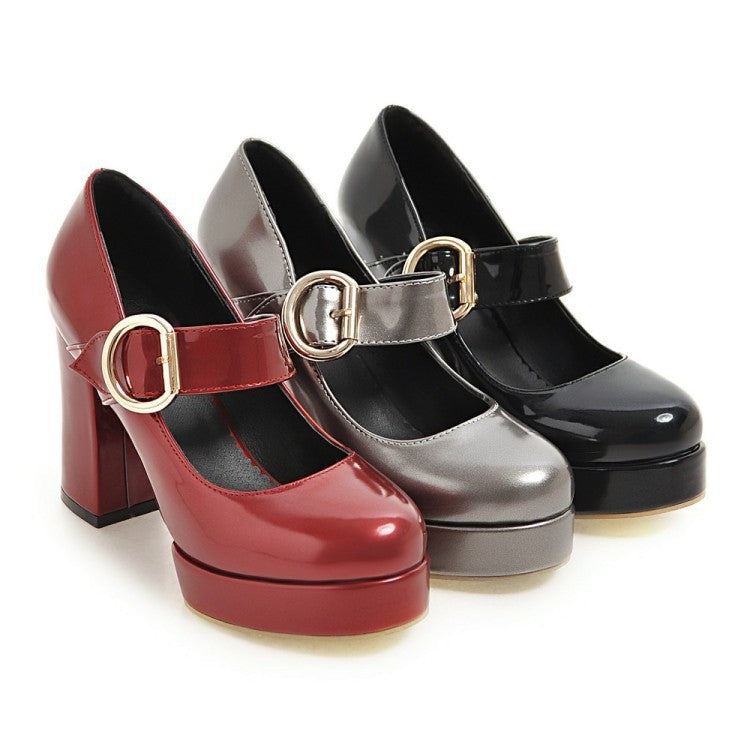 Women's Chunky Heeled Shoes with Buckle (Sizes 40-48)