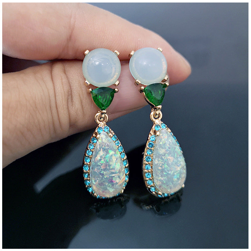 Noble Imitation Jade Opal Earrings with Emerald and Diamonds
