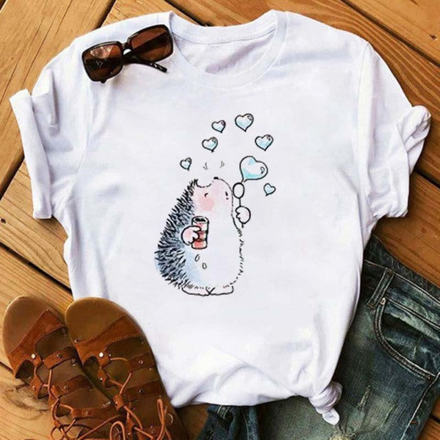 Maycaur Women's Cute Hedgehog Dandelion Print T-Shirt