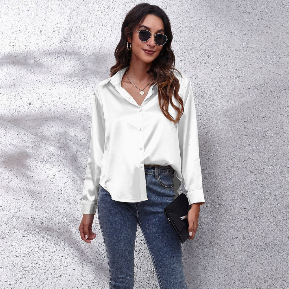 Elegant Loose Long Sleeve Satin Silk Women's Shirt
