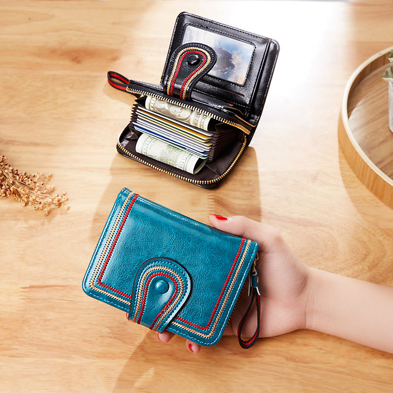 Retro Oil Wax Euro-American Multi-Slot Women's Purse