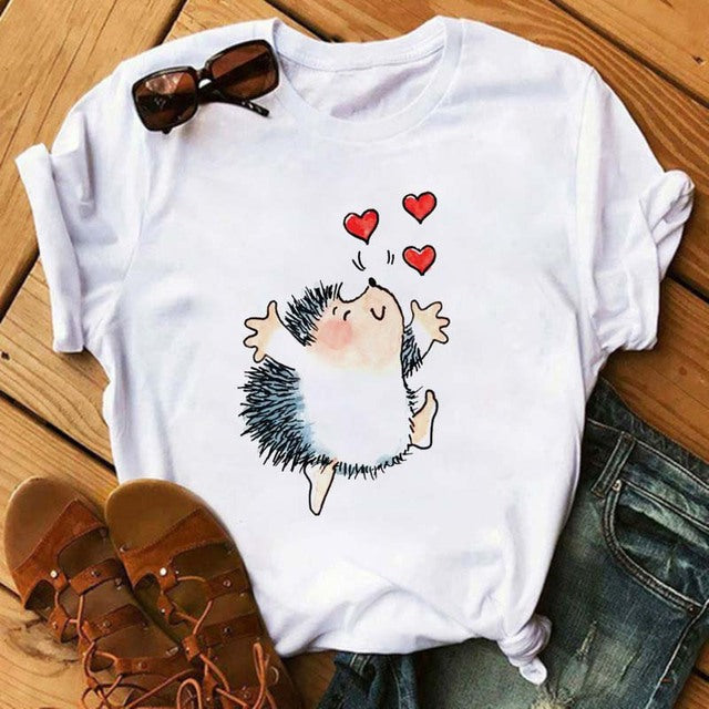 Maycaur Women's Cute Hedgehog Dandelion Print T-Shirt