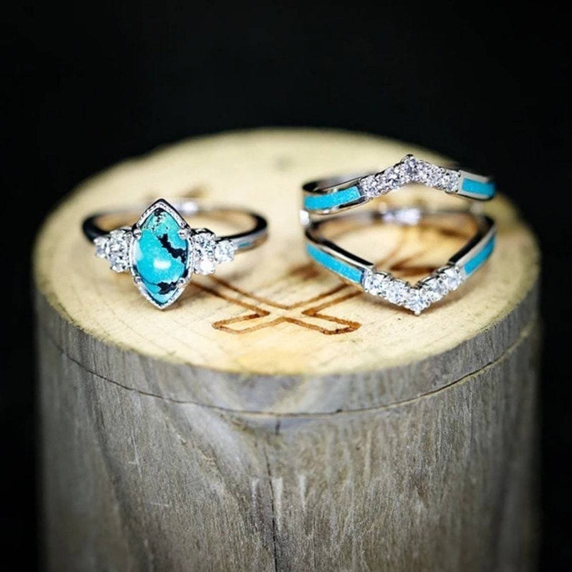 Retro Turquoise Diamond Three-Piece Ring Set