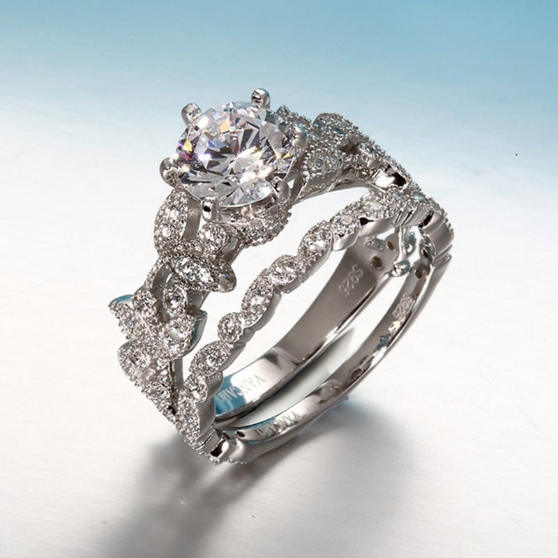 New European Princess Ring Set with Diamond Leaf Design