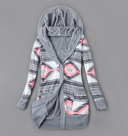 Thick Printed Hooded Knitted Cardigan Jacket