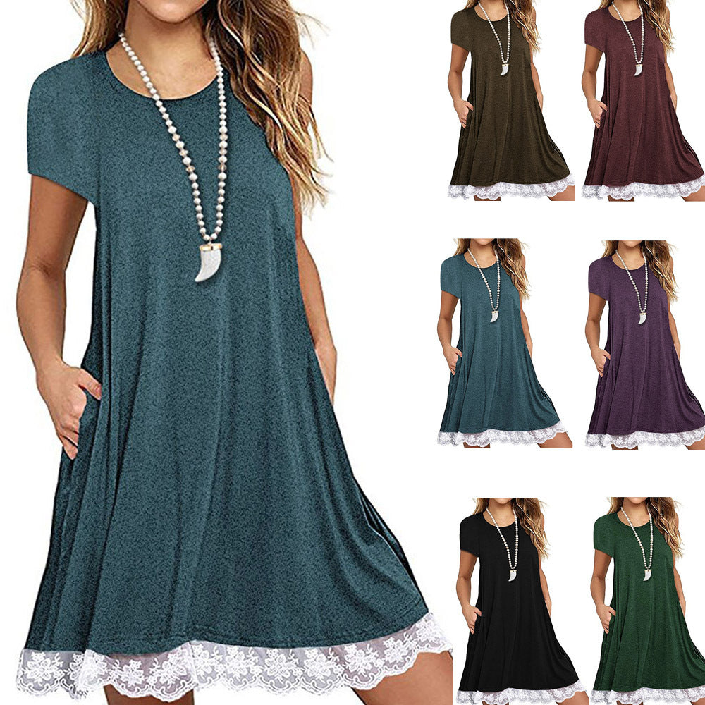 2021 Lace Panel Round Neck Short Sleeve Dress