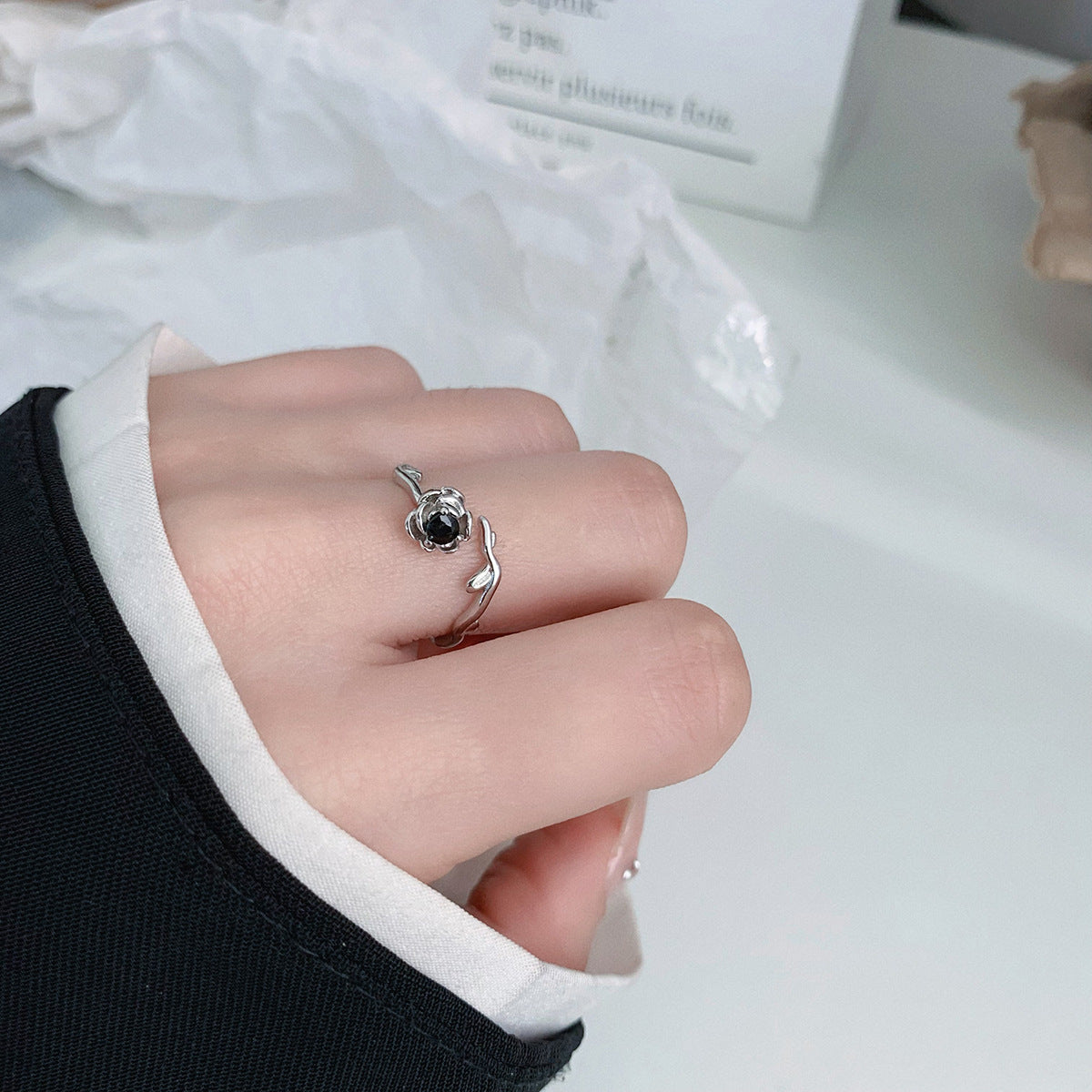 925 Silver Black Diamond Rose Flower Open Ring