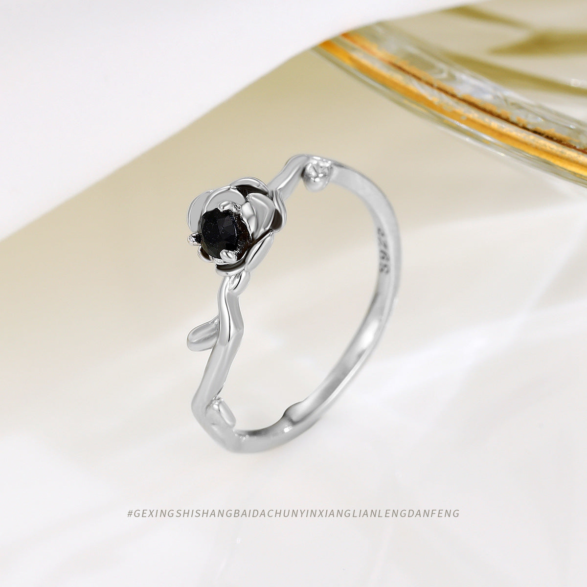 925 Silver Black Diamond Rose Flower Open Ring