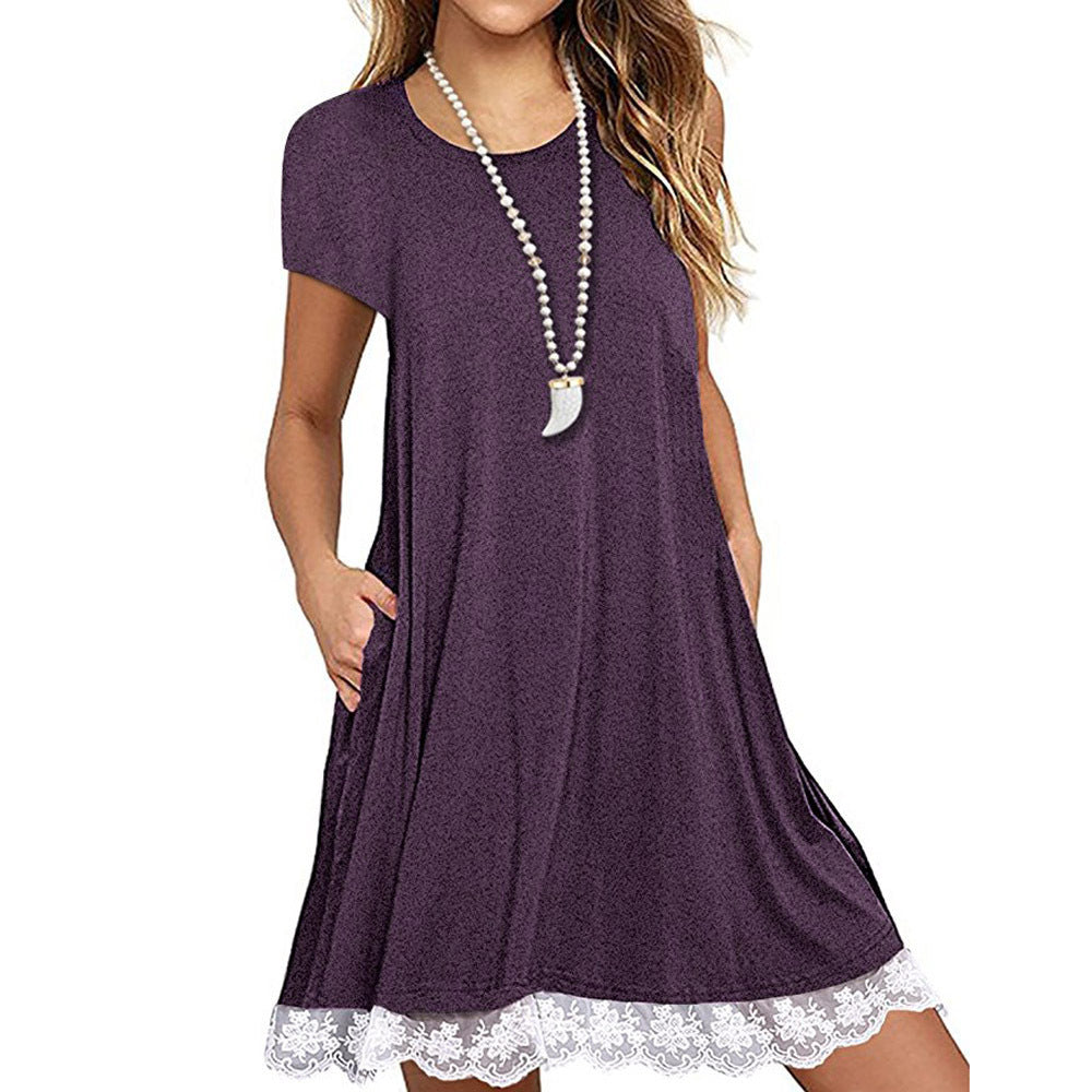 2021 Lace Panel Round Neck Short Sleeve Dress