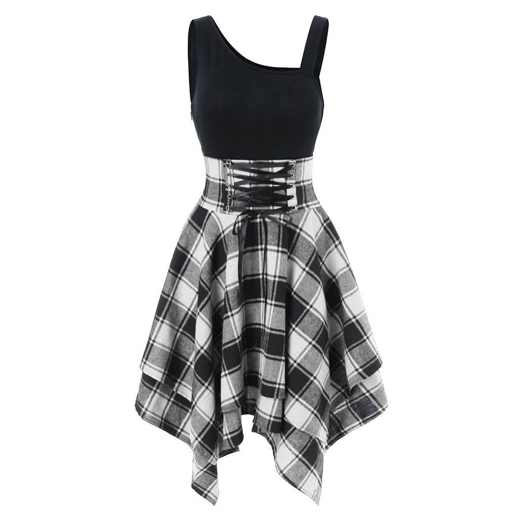 Irregular Plaid Dress with Elastic Waist and Suspenders