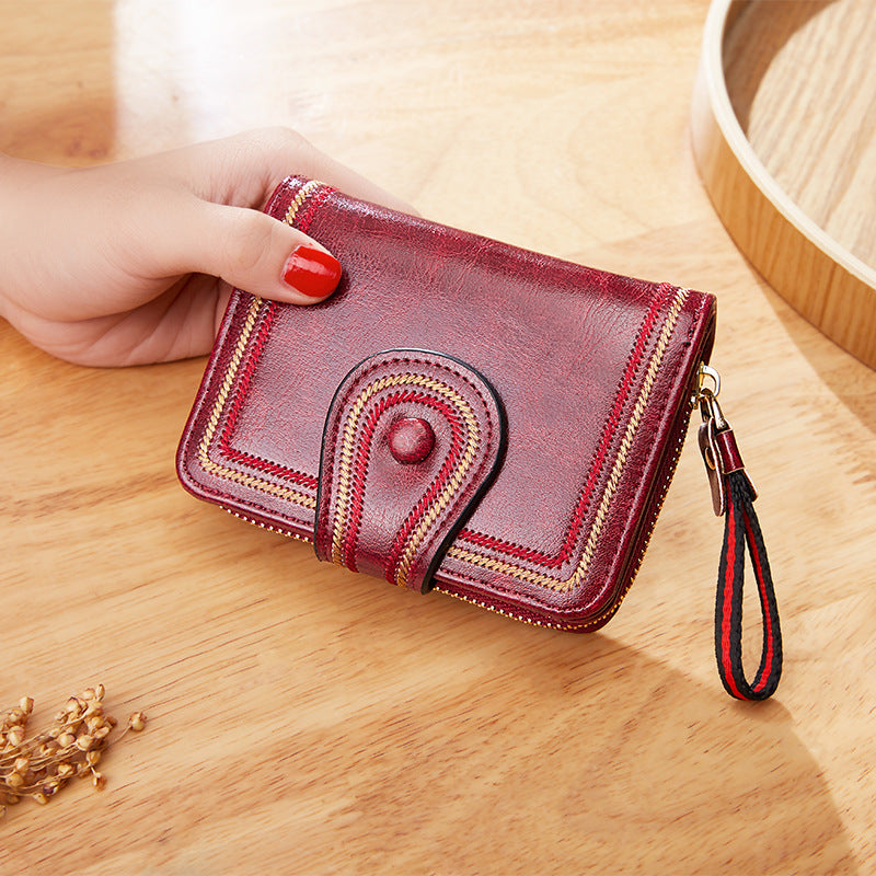Retro Oil Wax Euro-American Multi-Slot Women's Purse
