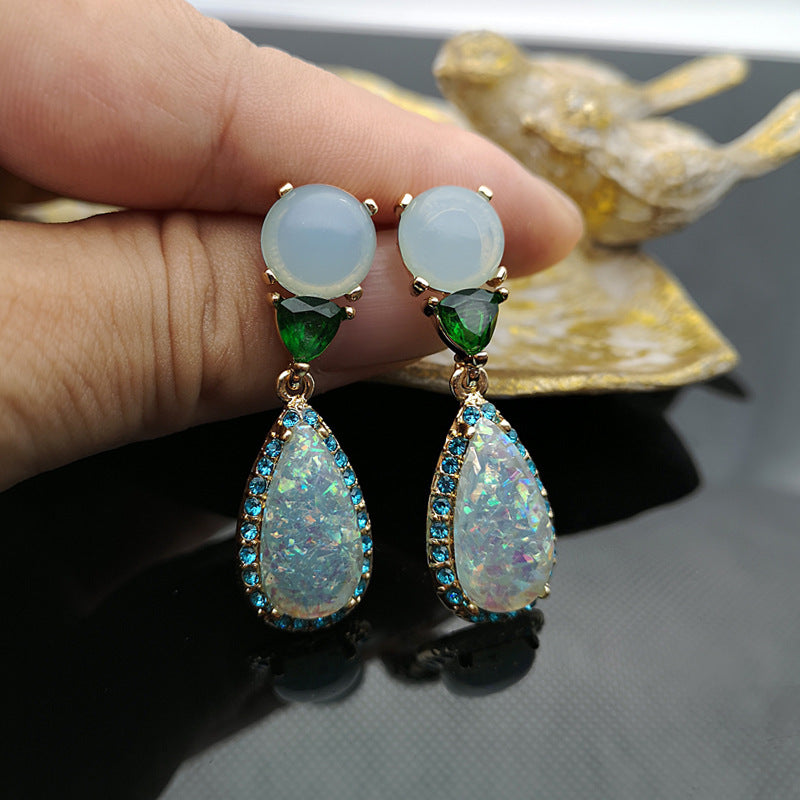 Noble Imitation Jade Opal Earrings with Emerald and Diamonds