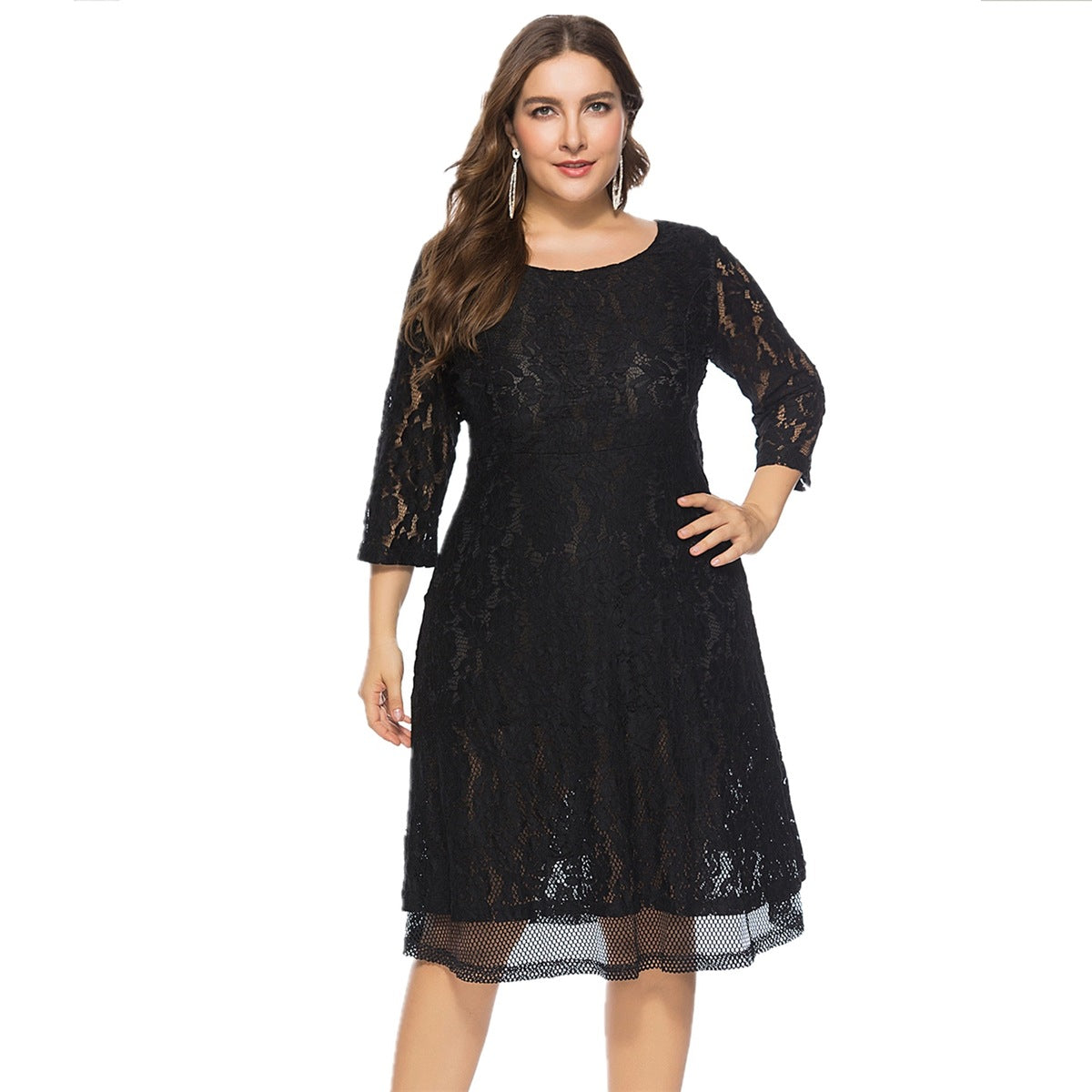 Large Size Women's Round Neck Lace Dress for All Seasons