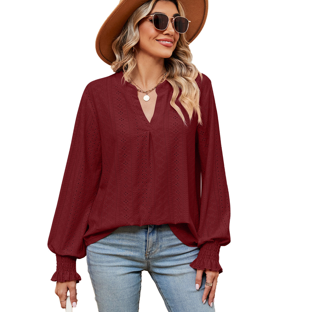 Women's Casual Loose V-Neck Long Sleeve T-Shirt