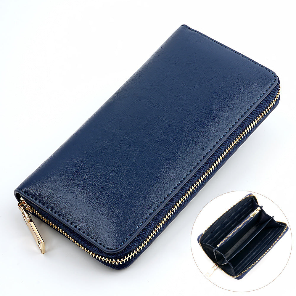 Cross-border Oil Wax Cowhide Women's Wallet Leather Long Zipper Men's Wallet Japan Amazon Explosions