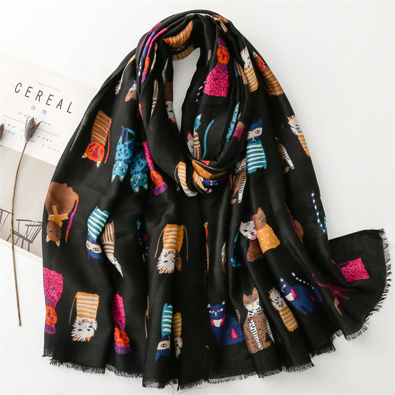 European and American exports to France for autumn and winter cotton and linen hand scarf fashion cartoon kitten combination scarf warm shawl ladies
