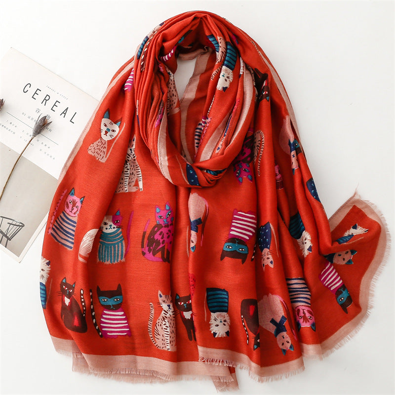 European and American exports to France for autumn and winter cotton and linen hand scarf fashion cartoon kitten combination scarf warm shawl ladies