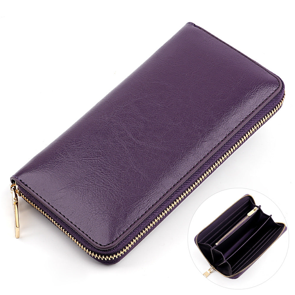 Cross-border Oil Wax Cowhide Women's Wallet Leather Long Zipper Men's Wallet Japan Amazon Explosions