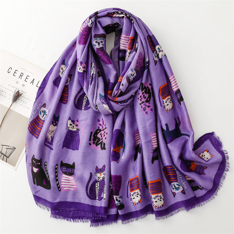 European and American exports to France for autumn and winter cotton and linen hand scarf fashion cartoon kitten combination scarf warm shawl ladies