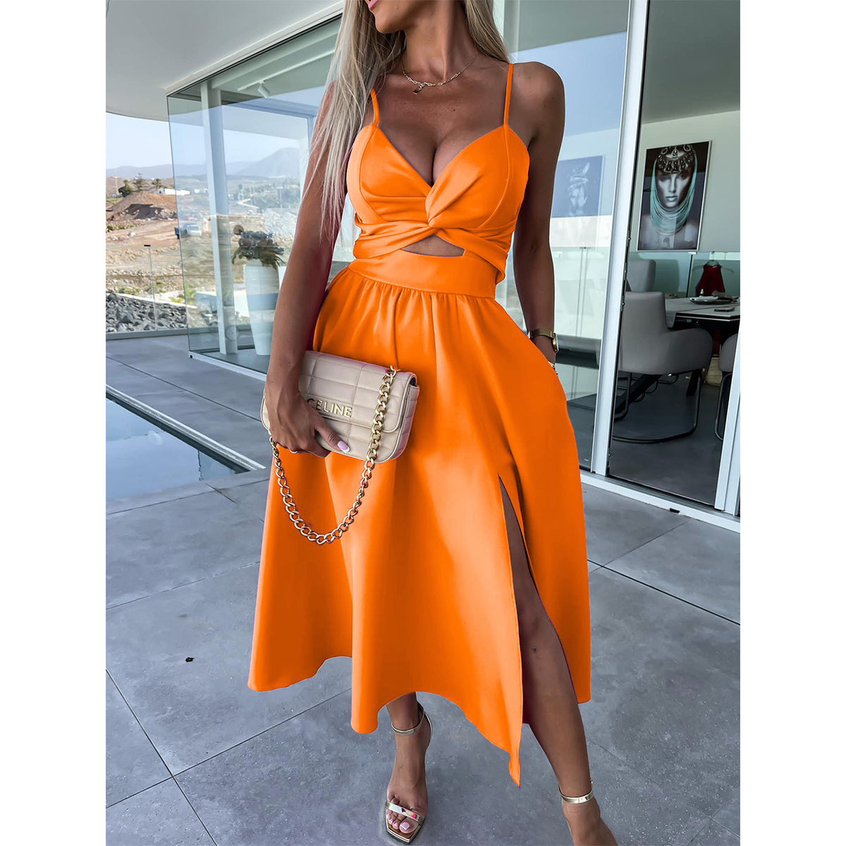 Europe and the United States cross-border foreign trade new women's Amazon suspenders V-neck large pendulum dress slim-fit backless mid-length dress