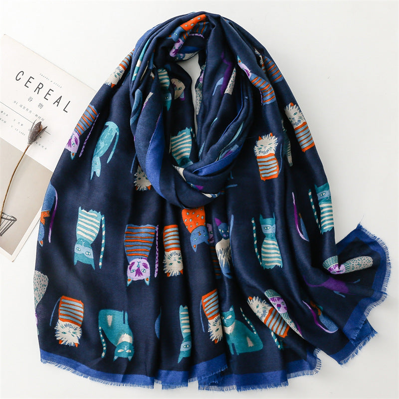 European and American exports to France for autumn and winter cotton and linen hand scarf fashion cartoon kitten combination scarf warm shawl ladies