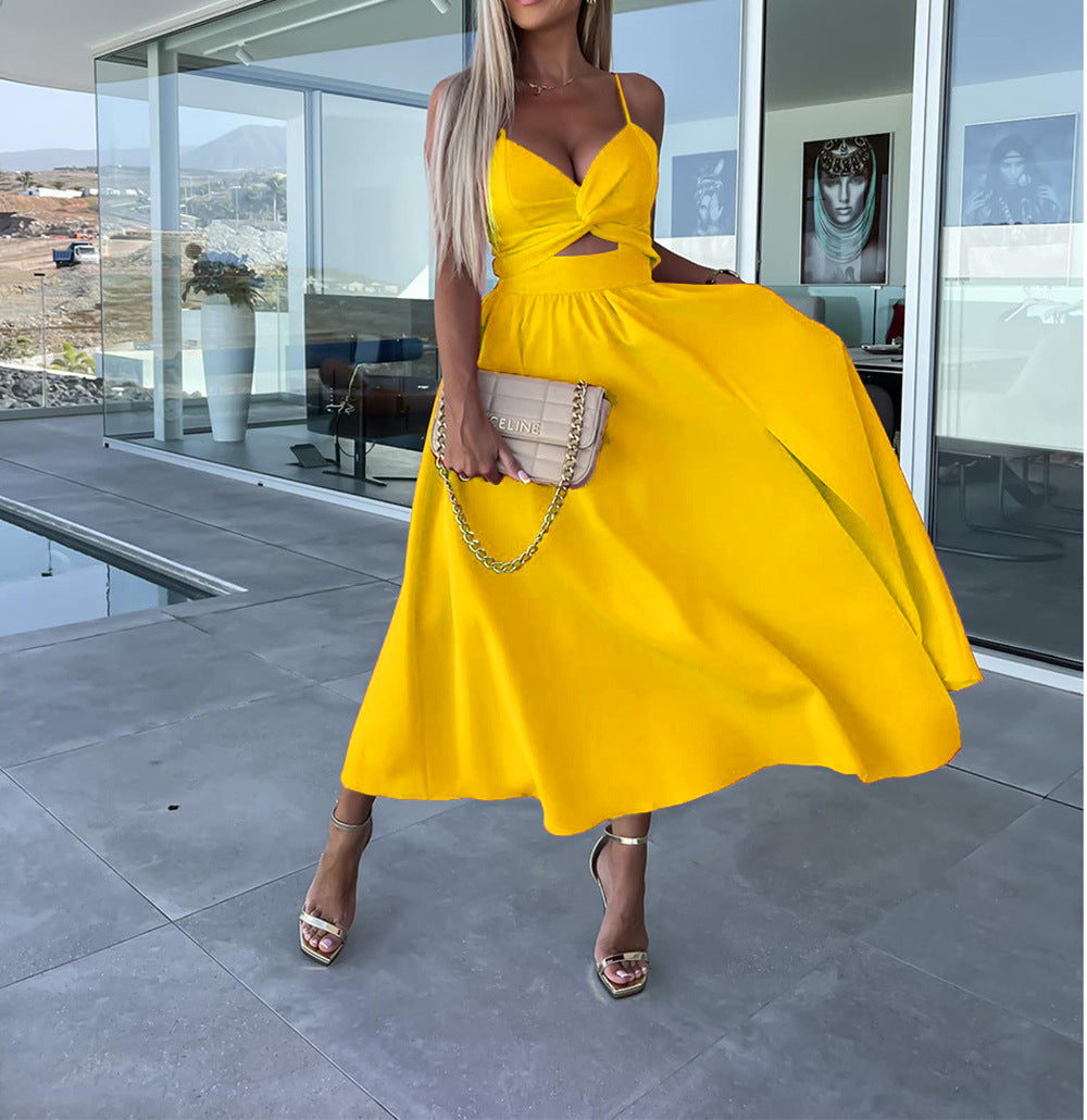 Europe and the United States cross-border foreign trade new women's Amazon suspenders V-neck large pendulum dress slim-fit backless mid-length dress