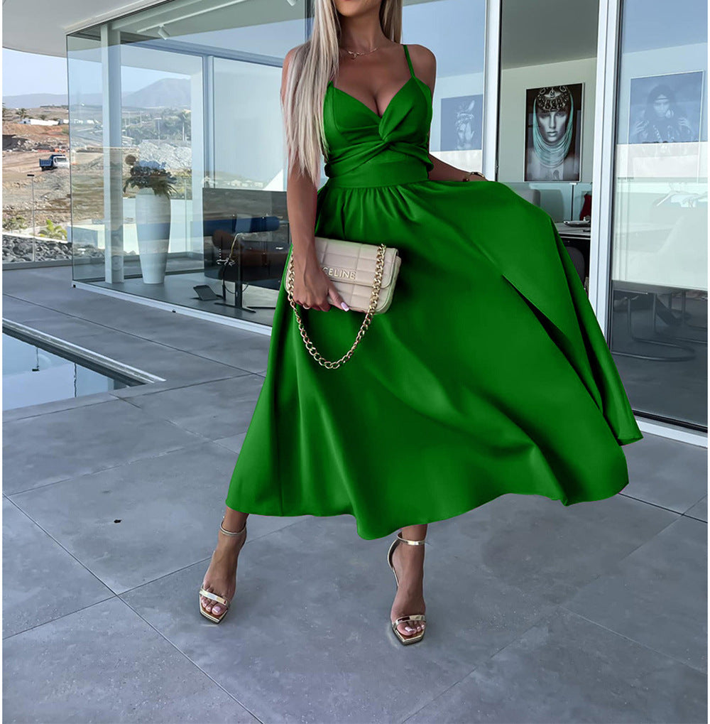 Europe and the United States cross-border foreign trade new women's Amazon suspenders V-neck large pendulum dress slim-fit backless mid-length dress